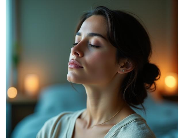Portrait of Rachel Garcia, a serene woman with her eyes closed in meditation, suggesting peace and calm.