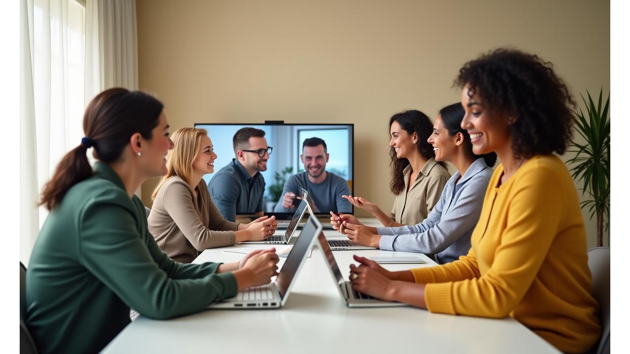 Diverse group of adults interacting virtually and in-person, symbolizing Epoch Living's multiple contact methods and community.