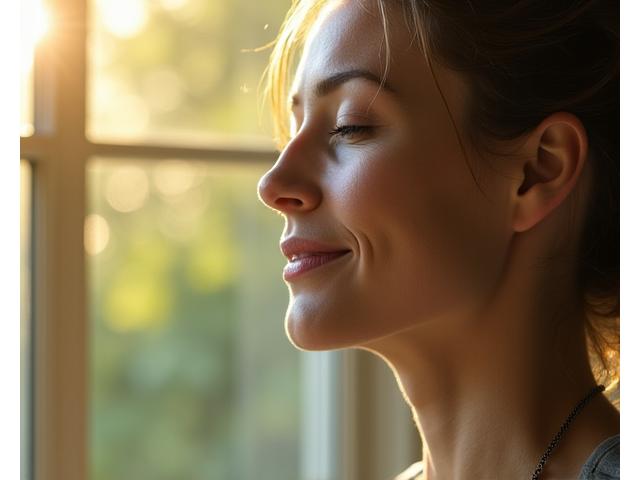 A person meditating calmly in a sunlit room, emphasizing mental well-being and stress reduction.