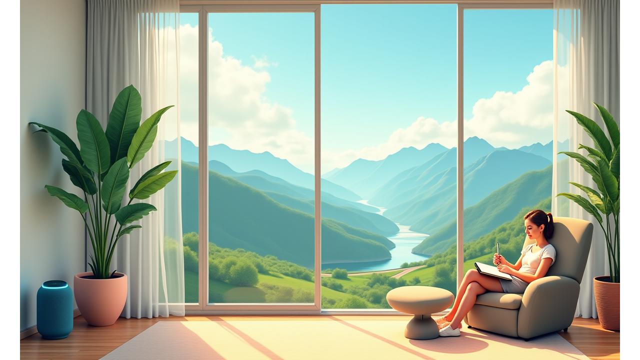 A serene, sunlit living room blending modern design with natural elements, showcasing a smart air purifier, lush plant, and comfortable reading nook. The scene subtly transitions into a distant mountain view, implying travel and adventure, with a person journaling on a couch.