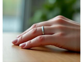 A sleek, minimalist smart ring or watch gently monitoring biometrics on a hand, with a blurred background of a tranquil, modern home environment, symbolizing technology enhancing wellness without intrusion.