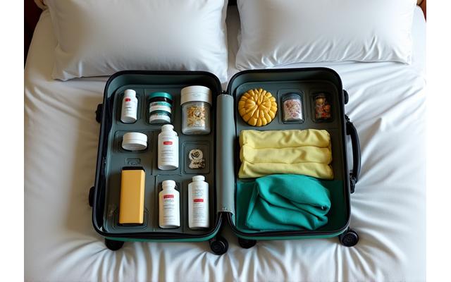 A neatly organized carry-on suitcase open on a bed, filled with travel-sized wellness products, compact fitness gear, healthy snacks, and a portable water filter bottle, emphasizing efficient health-focused packing.