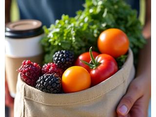 Hands holding a reusable coffee cup and a canvas grocery bag filled with fresh, organic produce in a bright, outdoor market setting, conveying sustainable and healthy choices.