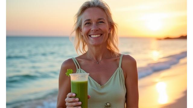 A happy traveler, 50s, smiling brightly on a beach at sunrise, holding a journal and a healthy smoothie, symbolizing successful maintenance of wellness routines during travel.