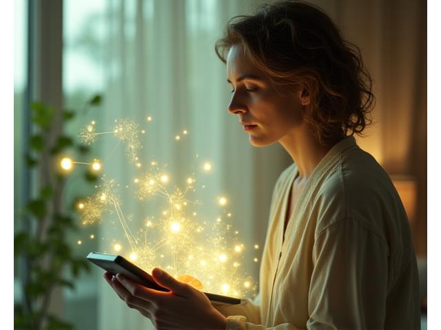 A serene individual using a tablet with glowing, abstract mental wellness graphics, highlighting digital support.