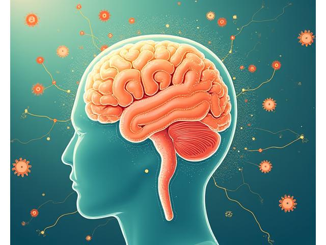 An intricate, vibrant illustration depicting the gut-brain axis, with clear, glowing pathways connecting a stylized brain and gut. Surrounding elements include neurotransmitter symbols and healthy microbiota, suggesting scientific accuracy yet presented artfully.