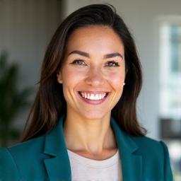 Smiling portrait of Maria S., 43, looking vibrant and healthy, possibly holding a green smoothie or engaged in a mindful activity.