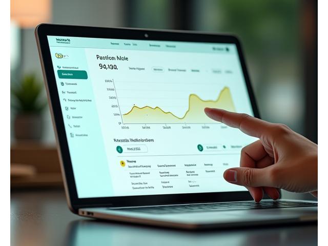 A clean, modern interface on a tablet or laptop displaying a personalized nutrition plan, with charts, graphs, and customized meal suggestions. A hand points to the screen, implying interaction. The design is sleek and user-friendly.