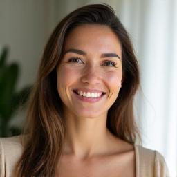 Smiling portrait of Susan K., 39, looking calm and radiant, possibly practicing yoga or meditation.