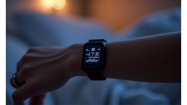 A sleek wearable sleep tracker on a wrist, displaying sleep stages on a screen.
