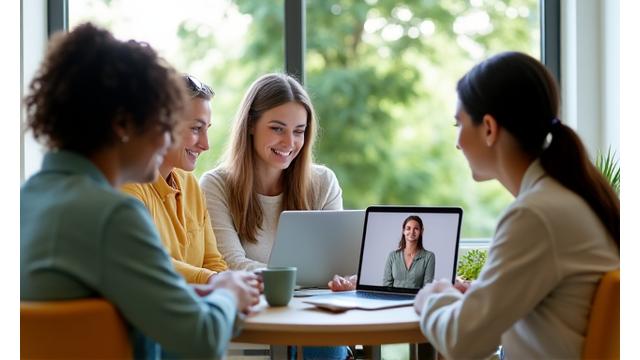 A diverse group of adults engaging in a virtual wellness workshop on their laptops and tablets, with a clear, professional instructor on screen. The setting is bright and inviting.
